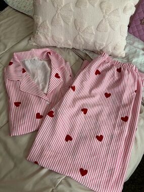 Pink Striped Pajama Set with Red Hearts